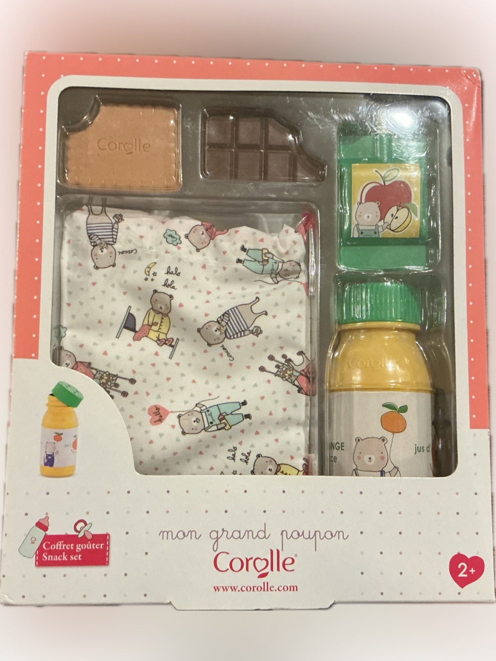 Corolle Baby Doll Snack Set in Green and Pink with Cloth Bag